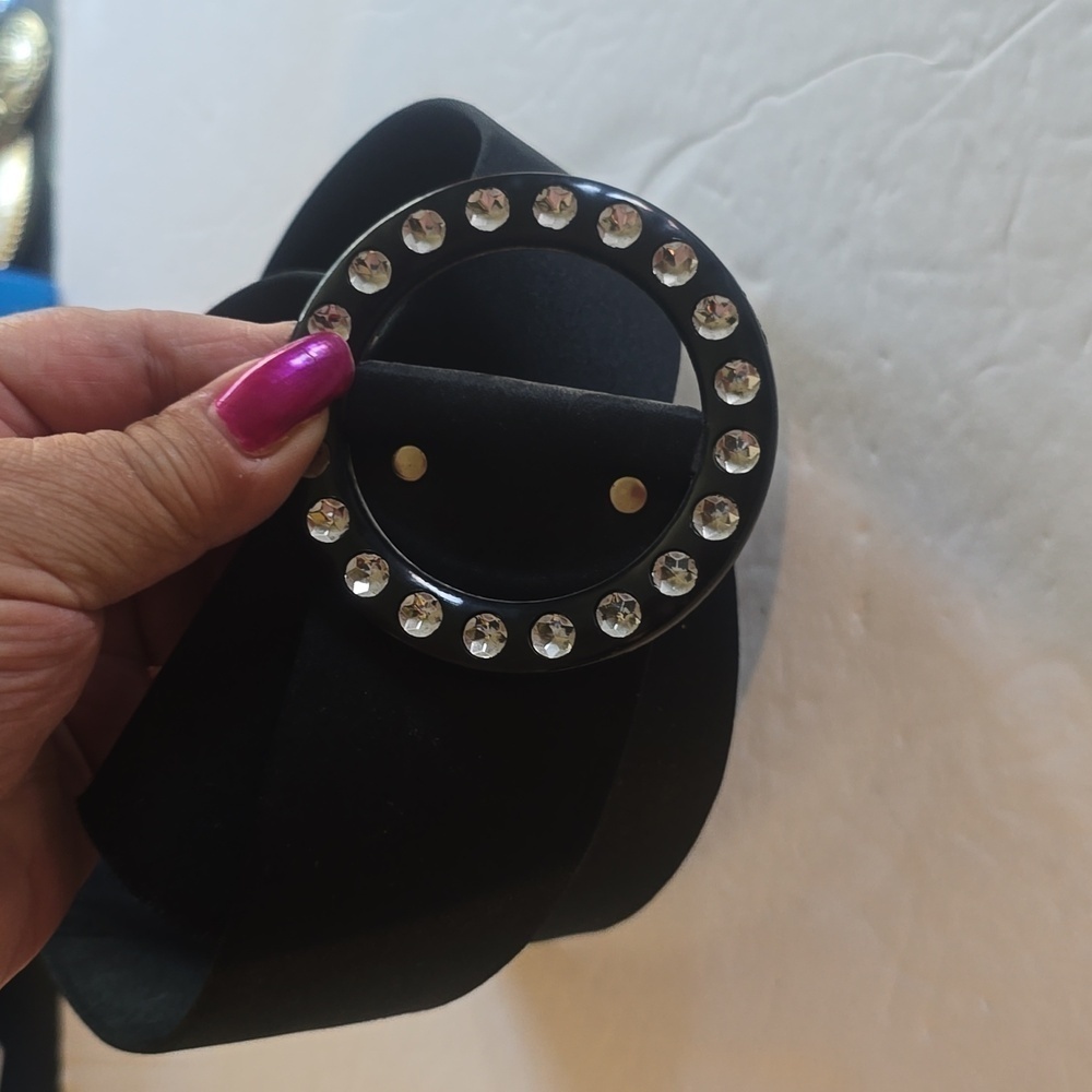 Vintage Womens Black Satin WIDE Rhinestone Bling Belt Sz.Small/MEDIUM